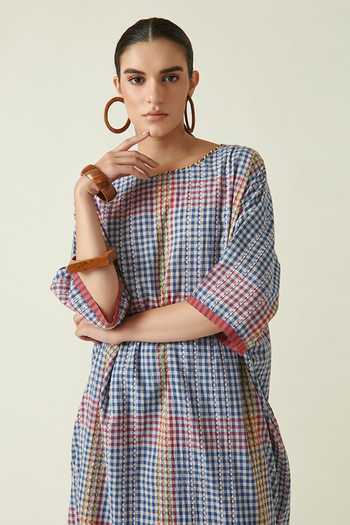 Buy_Payal Pratap_Blue Cotton Handloom Round Pesser Checkered Tunic _Online_at_Aza_Fashions