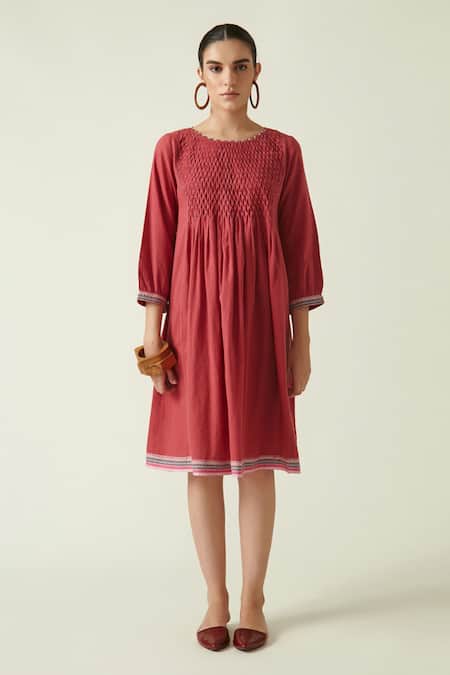 Payal Pratap Maroon Cotton Handloom Round Crimini Smocked Dress  