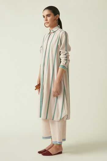 Payal Pratap_Beige Cotton Handloom Collared Neck Piper Stripe Tunic _Online_at_Aza_Fashions