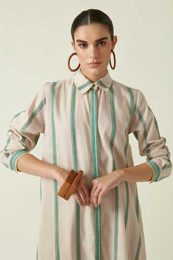 Buy_Payal Pratap_Beige Cotton Handloom Collared Neck Piper Stripe Tunic _Online_at_Aza_Fashions