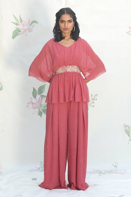 Buy_Taavare_Pink Georgette V Neck Embroidered Kurta And Palazzo Set_Online_at_Aza_Fashions