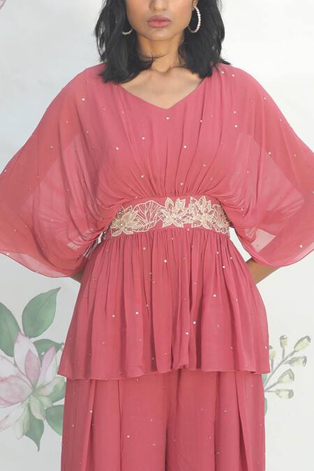 Shop_Taavare_Pink Georgette V Neck Embroidered Kurta And Palazzo Set_Online_at_Aza_Fashions