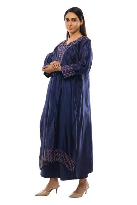 Shop_Khat_Blue Chanderi Embroidery Asymmetric Neckline Dress Pant Co-ord Set _Online_at_Aza_Fashions