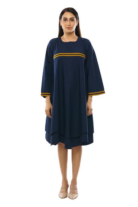 Buy Khat Blue Cotton, Poplin Square Neck Double Layered Flared Dress Online at Aza Fashions Buy_Khat_Blue Cotton, Poplin Square Neck Double Layered Flared Dress _Online_at_Aza_Fashions