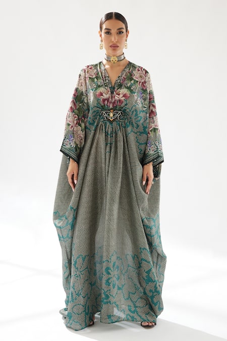 Rajdeep Ranawat_Green Silk V-neck Imama Jewelled Waist Kaftan_Online_at_Aza_Fashions