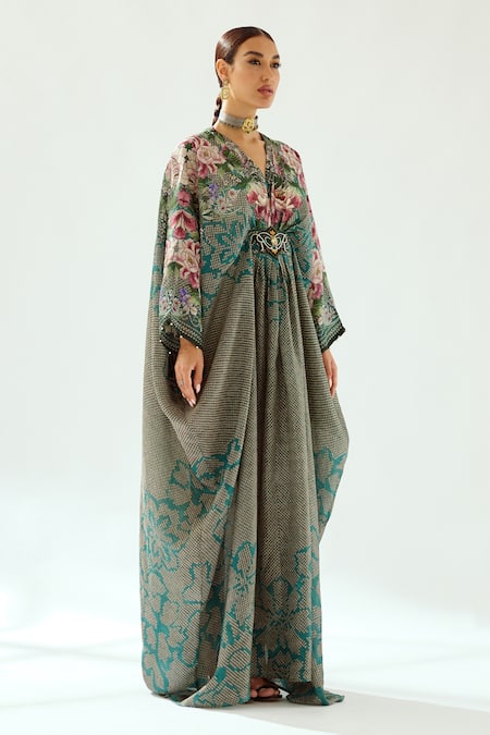 Buy_Rajdeep Ranawat_Green Silk V-neck Imama Jewelled Waist Kaftan_Online_at_Aza_Fashions