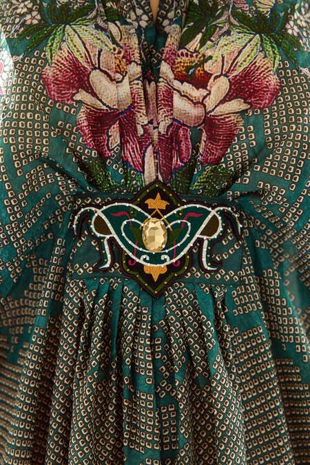 Shop_Rajdeep Ranawat_Green Silk V-neck Imama Jewelled Waist Kaftan_Online_at_Aza_Fashions