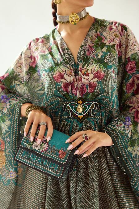 Rajdeep Ranawat_Green Silk V-neck Imama Jewelled Waist Kaftan_at_Aza_Fashions