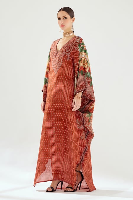 Buy_Rajdeep Ranawat_Orange Silk Beads V-neck Verusha Kaftan_Online_at_Aza_Fashions