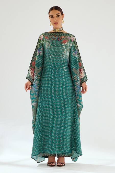 Rajdeep Ranawat_Green Silk Beads Round Neck Aayat Printed Kimono Kaftan_Online_at_Aza_Fashions