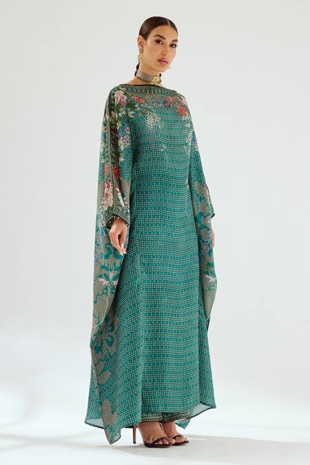 Buy_Rajdeep Ranawat_Green Silk Beads Round Neck Aayat Printed Kimono Kaftan_Online_at_Aza_Fashions
