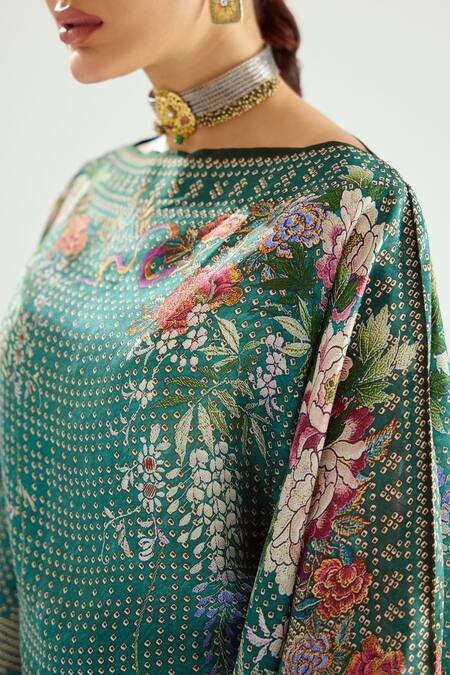 Shop_Rajdeep Ranawat_Green Silk Beads Round Neck Aayat Printed Kimono Kaftan_Online_at_Aza_Fashions