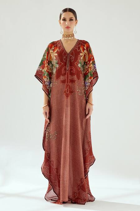 Rajdeep Ranawat_Orange Silk Beads V-neck Rust Floral Geometric Kaftan_Online_at_Aza_Fashions
