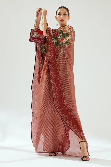 Buy_Rajdeep Ranawat_Orange Silk Beads V-neck Rust Floral Geometric Kaftan_Online_at_Aza_Fashions