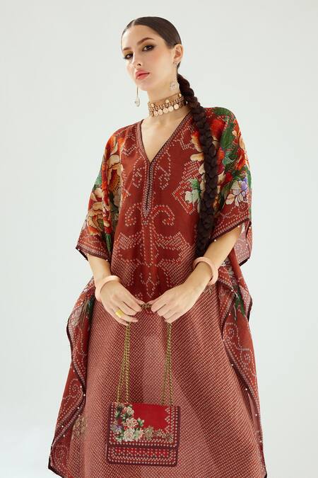 Shop_Rajdeep Ranawat_Orange Silk Beads V-neck Rust Floral Geometric Kaftan_Online_at_Aza_Fashions