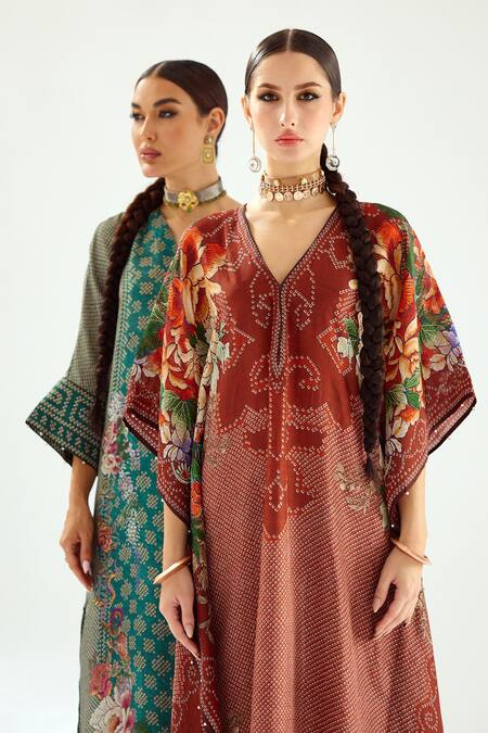 Rajdeep Ranawat_Orange Silk Beads V-neck Rust Floral Geometric Kaftan_at_Aza_Fashions