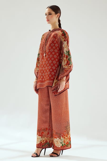 Buy_Rajdeep Ranawat_Orange Silk Embroidery Mandarin Collar Ramona Poncho Tunic_Online_at_Aza_Fashions