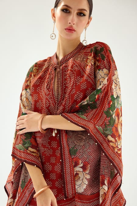 Shop_Rajdeep Ranawat_Orange Silk Embroidery Mandarin Collar Ramona Poncho Tunic_Online_at_Aza_Fashions
