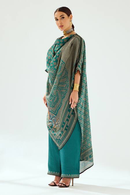 Rajdeep Ranawat Green Silk Embroidery Cowl Neck Montijo Kaftan Tunic Online at Aza Fashions Rajdeep Ranawat_Green Silk Embroidery Cowl Neck Montijo Kaftan Tunic_Online_at_Aza_Fashions