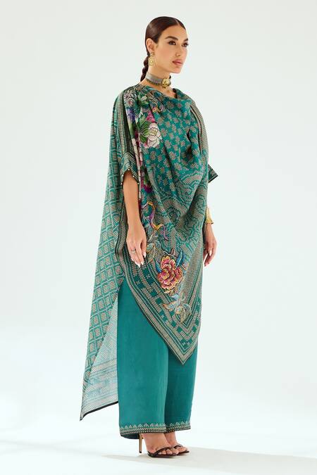 Buy Rajdeep Ranawat Green Silk Embroidery Cowl Neck Montijo Kaftan Tunic Online at Aza Fashions Buy_Rajdeep Ranawat_Green Silk Embroidery Cowl Neck Montijo Kaftan Tunic_Online_at_Aza_Fashions