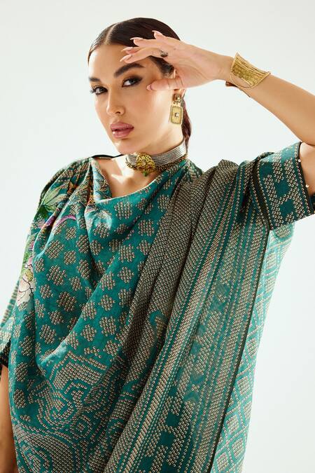Shop Rajdeep Ranawat Green Silk Embroidery Cowl Neck Montijo Kaftan Tunic Online at Aza Fashions Shop_Rajdeep Ranawat_Green Silk Embroidery Cowl Neck Montijo Kaftan Tunic_Online_at_Aza_Fashions
