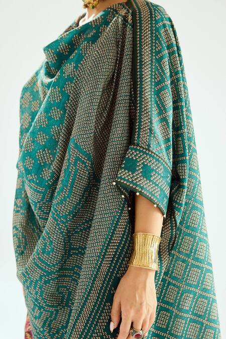 Rajdeep Ranawat Green Silk Embroidery Cowl Neck Montijo Kaftan Tunic at Aza Fashions Rajdeep Ranawat_Green Silk Embroidery Cowl Neck Montijo Kaftan Tunic_at_Aza_Fashions