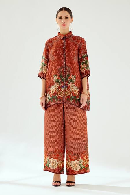 Rajdeep Ranawat_Orange Silk Embroidery Shawl Neck Shirt Tunic With Floral_Online_at_Aza_Fashions