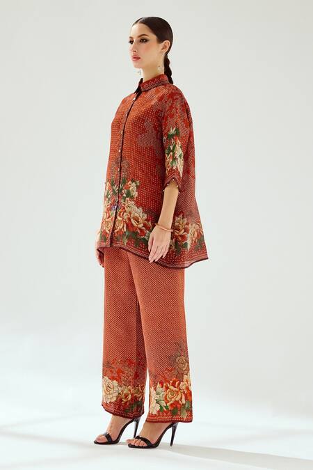 Buy_Rajdeep Ranawat_Orange Silk Embroidery Shawl Neck Shirt Tunic With Floral_Online_at_Aza_Fashions