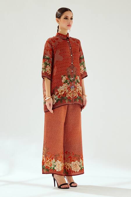 Shop_Rajdeep Ranawat_Orange Silk Embroidery Shawl Neck Shirt Tunic With Floral_Online_at_Aza_Fashions