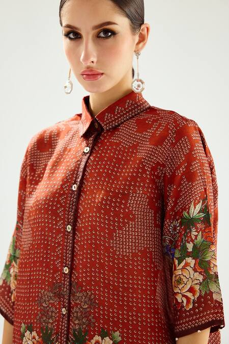 Rajdeep Ranawat_Orange Silk Embroidery Shawl Neck Shirt Tunic With Floral_at_Aza_Fashions