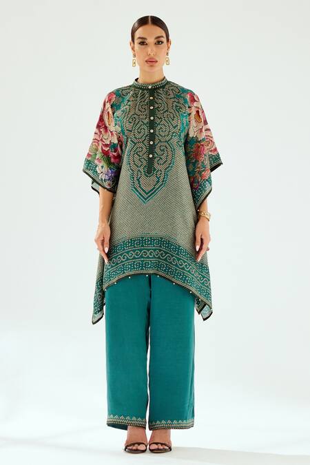 Rajdeep Ranawat_Green Satin Paloma Geometric Print Hem Pant_Online_at_Aza_Fashions