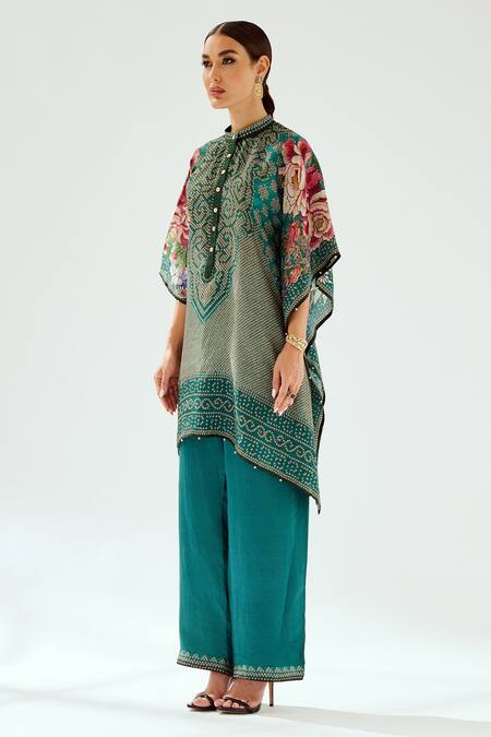 Buy_Rajdeep Ranawat_Green Satin Paloma Geometric Print Hem Pant_Online_at_Aza_Fashions