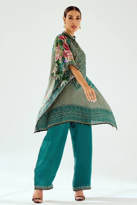 Shop_Rajdeep Ranawat_Green Satin Paloma Geometric Print Hem Pant_Online_at_Aza_Fashions