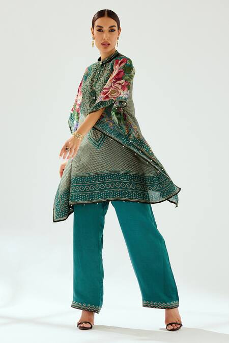 Rajdeep Ranawat_Green Satin Paloma Geometric Print Hem Pant_at_Aza_Fashions