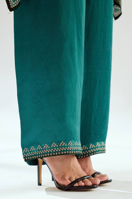 Buy_Rajdeep Ranawat_Green Satin Paloma Geometric Print Hem Pant