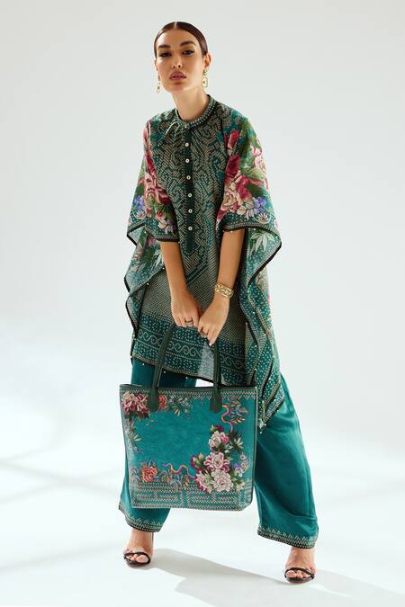 Buy_Rajdeep Ranawat_Green Silk Beads Bandeau Neck Majnu Poncho Tunic_Online_at_Aza_Fashions