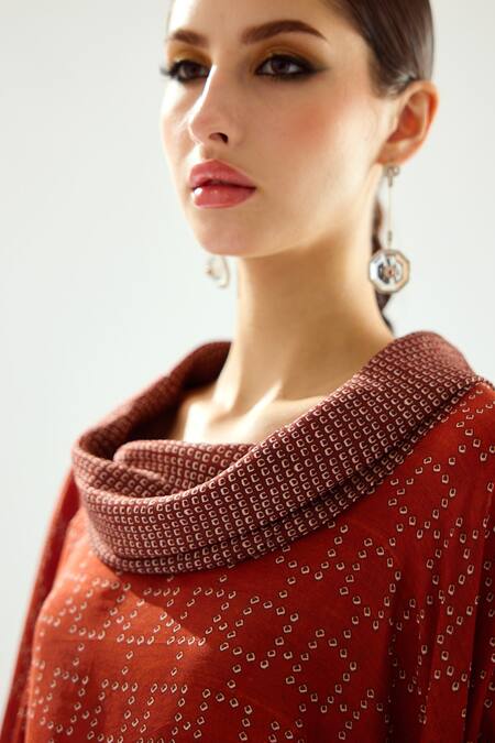 Shop_Rajdeep Ranawat_Orange Silk Sequins Cowl Neck Lavanya Draped Tunic_Online_at_Aza_Fashions