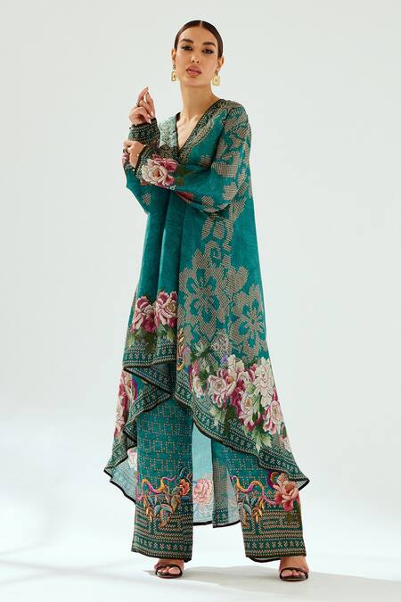 Shop_Rajdeep Ranawat_Green Silk Embroidery V-neck Aarvi Floral Pattern Tunic_Online_at_Aza_Fashions