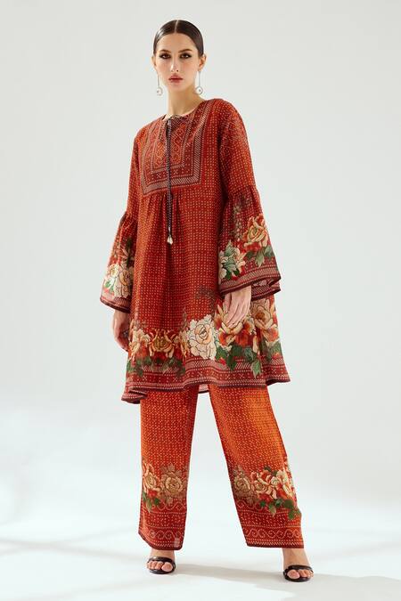Buy_Rajdeep Ranawat_Orange Silk Embroidery Round Neck Pankti Tunic_Online_at_Aza_Fashions