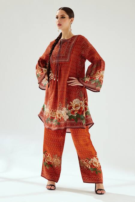 Buy_Rajdeep Ranawat_Orange Satin Permaz Floral And Geometric Print Pant_Online_at_Aza_Fashions