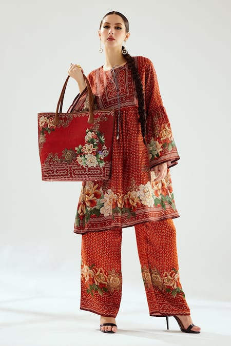 Shop_Rajdeep Ranawat_Orange Silk Embroidery Round Neck Pankti Tunic_Online_at_Aza_Fashions