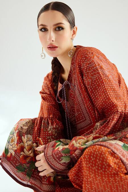 Rajdeep Ranawat_Orange Silk Embroidery Round Neck Pankti Tunic_at_Aza_Fashions
