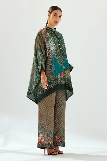 Rajdeep Ranawat_Green Silk Round Neck Chanel Floral Pattern Tunic_Online_at_Aza_Fashions