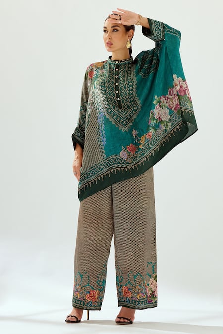 Shop_Rajdeep Ranawat_Green Satin Embroidery Permaz Printed Pant_Online_at_Aza_Fashions