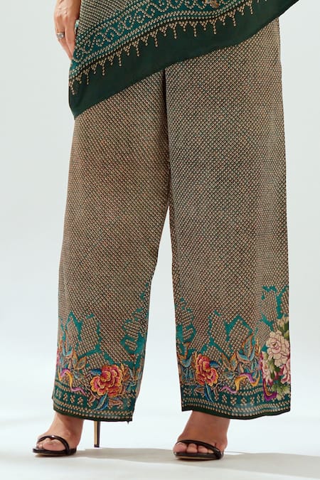 Rajdeep Ranawat_Green Satin Embroidery Permaz Printed Pant_at_Aza_Fashions