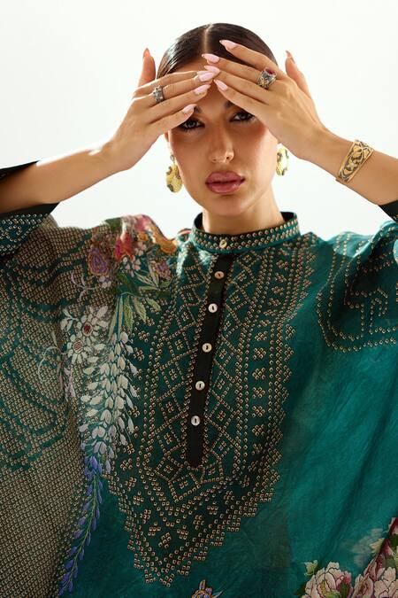 Shop_Rajdeep Ranawat_Green Silk Round Neck Chanel Floral Pattern Tunic_Online_at_Aza_Fashions