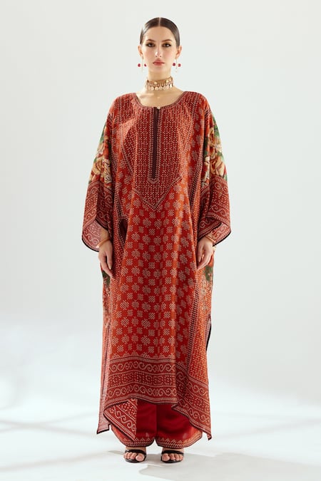 Rajdeep Ranawat Orange Silk Embroidery Round Neck Ichika Geometric And Floral Pattern Tunic Online at Aza Fashions Rajdeep Ranawat_Orange Silk Embroidery Round Neck Ichika Geometric And Floral Pattern Tunic_Online_at_Aza_Fashions