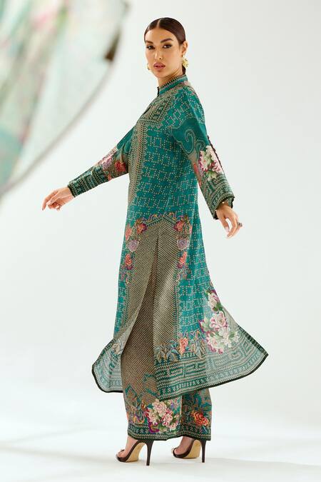 Buy_Rajdeep Ranawat_Green Silk Beads Round Neck Champa Floral And Geometric Pattern Kurta_Online_at_Aza_Fashions