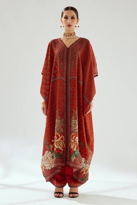 Rajdeep Ranawat_Orange Silk Embroidery V-neck Majida Kaftan Tunic_Online_at_Aza_Fashions