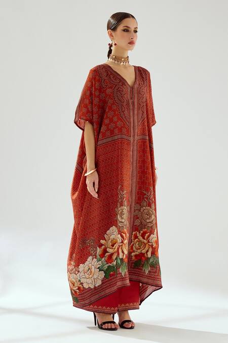 Buy_Rajdeep Ranawat_Orange Silk Embroidery V-neck Majida Kaftan Tunic_Online_at_Aza_Fashions